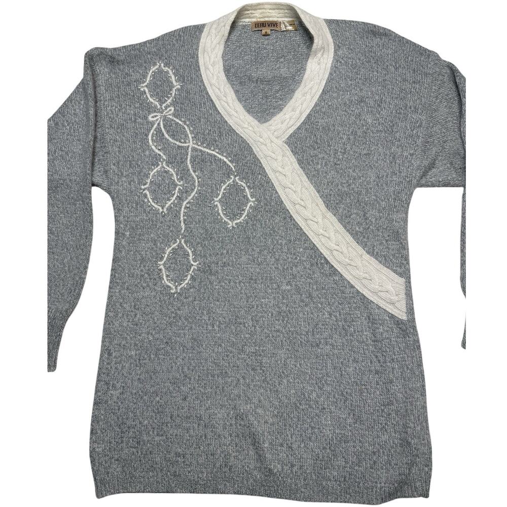 L'Eau Vive VTG Silk Angora Lambswool Sweater Small S Grey Knit Made Hong Kong